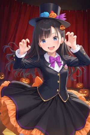 1girl, smile, black hair, long hair, blue eyes, open mouth, tailcoat with gold embroidery, chic skirt, small black silk top hat, claw pose, Halloween stage, ultra-detailed, perfect anatomy, Highly detailed, masterpiece, best quality, 