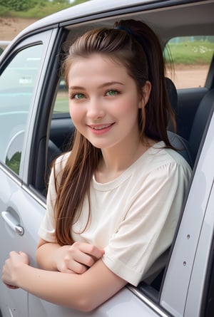 score_9, score_8_up, score_7_up, outcarwindow, woman out car window, car, gingham shirt, smile, long hair, brown hair, motor vehicle, realistic, ground vehicle, looking at viewer, green eyes, ponytail, shirt, lips, beautiful face, 