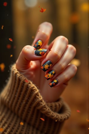  cinematic photograph of a womans hand with her fingers bent to show her nail art, the nail art is of autumn leaves, bokeh background, sleeve of a knit sweater, outdoors, autumn leaves fill the air, autumn leaves cover the ground in the forest, her three middle fingers have short nails and the thumb and pinky finger is long clearly denoting her a lesbian, 