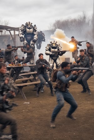 falloutcinematic, action shot,  power armor, muzzle flash, weapon, gun, multiple boys, 6+boys, handgun, realistic, holding gun, rifle, building, assault rifle, in Wasteland observatory exterior environment, outdoors, picnic tables, post apocalyptic, muzzle flash, , weapon, realistic