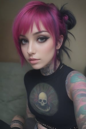 1girl, pink-emo, piercings, septum_ring, tattoos