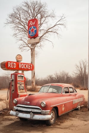 falloutcinematic, scenery, shooting location, Red Rocket gas station, tree, abandoned classic car, motor vehicle, outdoors, no humans, car, sign reads "RED ROCKET", road, bare tree, retro futurism, post apocalypse,, scenery, realistic