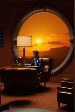 falloutcinematic, scenery, chair, indoors, window, chair, using computer, 1boy, vault dweller jumpsuit, far shot, lamp, easy chairs, in Overseer Vault room environment, circular window,  indoors, american flag, vault tech flag, , scenery, realistic