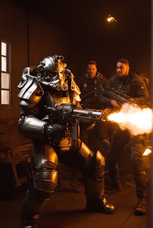 falloutcinematic, power armor, holding chain gun, muzzle flash, Maximus, european man, vertibird interior, , multiple boys, realistic
