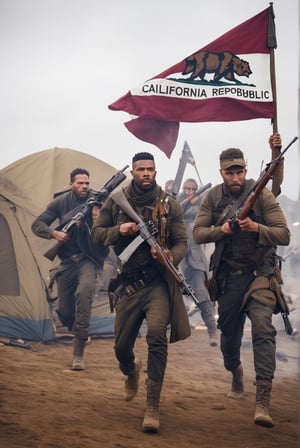 falloutcinematic, action shot, 5 New California republic militia, holding rifles, New California republic flag, tent, post apocalypse, , weapon, realistic