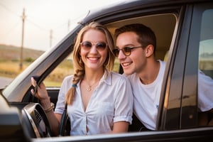 (masterpiece:1.4), dslr, source_real, score_9, score_8_up, outcarwindow, man and woman out car window, hat, 1girl, car, sunglasses, watch, ground vehicle, motor vehicle, outdoors, 1boy, shirt, braid, wristwatch, brown hair, jewelry, day, blonde hair, smile, photo background, blurry, meme, long hair, bracelet, ring, white shirt, driving