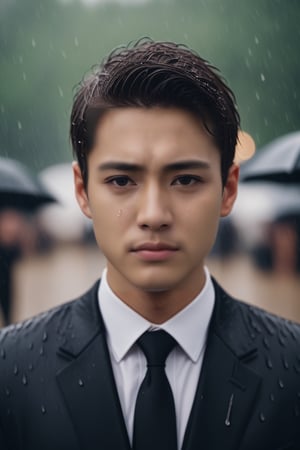 cinematic photo of a young man crying with tears, wearing a black suit in the rain at a funeral . 35mm photograph, film, bokeh, professional, 4k, highly detailed,,<lora:659095807385103906:1.0>