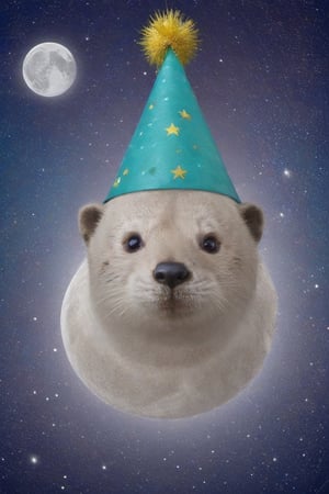 an otter wearing a birthday hat merged with the moon, starry sky, 