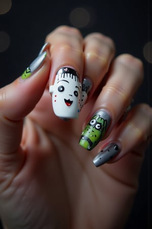 A closeup of a woman's, white nails, nail art, frankenstein nail art, bokeh background, cinematic photograph, highly detailed nail art, each fingernail is painted in a frankenstein theme, 