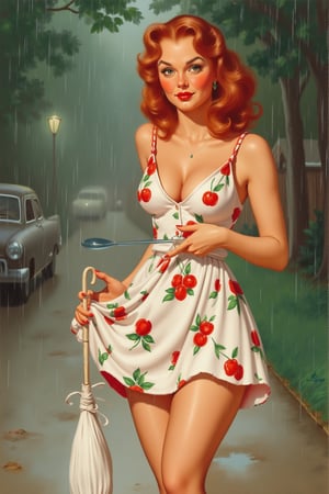 a pinup illustration of a redhead pinup model standing side on but looking at the camera with freckles on her face and a red strap white summer dress,holding her summer cherry print dress to check how rained on it has gotten, and soaking it in the process, the camera captures her look at the camera when she realizes how silly that is and has pursed lipstick lips, wide eyes, in her other hand and arm balances an umbrella that the wind has taken off to her side and is offering no covering, in the heavy driving visible rain, in the street in the suburbs, 