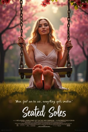 A movie poster for the movie "Seated Soles". She's a free-spirited glamour model with a passion for life and a heart full of love. Set in a picturesque park on a rainy day, the scene is bathed in a soft, romantic light. The wooden swing creaks gently in the breeze, surrounded by vibrant pink cherry blossom trees that add a pop of color to the misty atmosphere. None prominent in this scene, but the camera seems to be the object of Sophia's affection, hinting at a mysterious love interest lurking in the shadows. Her soles are featured promeniently in the foreground. Her feet are perfectly formed, with 5 toes on each foot, and foreshortened and the centerpiece of the photograph. The photograph is taken at a low angle to better show off her feet. 

Branding Type: This movie poster is designed in a style to parody 90s romantic dramas, with a mix of modern fonts and a dreamy color palette. Think The Notebook meets La La Land. "When feet are in the air, everything gets smellier" The poster features a warm, golden-hour-inspired color scheme with soft focus effects to evoke a sense of nostalgia and romance. The title font is an elegant, cursive script, while the tagline is written in a clean, modern sans-serif font. The overall design is minimalist, with plenty of negative space to let the stunning image of Sophia take center stage.