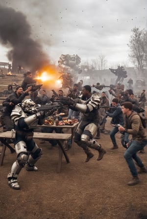 falloutcinematic, action shot,  power armor, muzzle flash, weapon, gun, multiple boys, 6+boys, handgun, realistic, holding gun, rifle, building, assault rifle, in Wasteland observatory exterior environment, outdoors, picnic tables, post apocalyptic, muzzle flash, , weapon, realistic