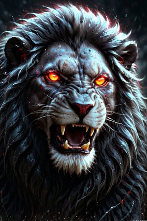 (best quality, high res), ultra-detailed, realistic, portrait, soft light, sharp focus, masterpiece:1.2, black_lion with glowing red eyes, dripping wet black mud, dark fierce expression, weathered face, long beard, ferocious gaze, sinister grin, battle scars, strength and power, dominance, authority, proud, mythical, ancient, legendary, luxurious fur trim, deep shadows, intense eyes, harsh environment, menacing atmosphere, full_body,
