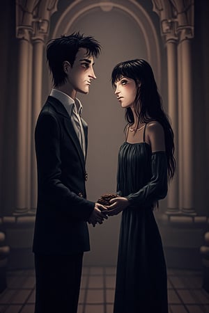 A Tim Burton illustration of a gothic man proposing to a woman one knee in the background,  looking nervous yet excited, a slight blush creeps up under his eyeliner lined puppy dog about to water eyes. He is holding a velvet box full of worms. The gothic woman with heavy goth makeup, blunt cut bangs, and dimples and a smile from ear to ear, is jumping up and down excited to have this be happening in the foreground, her entire upper body, both hands, and her expression,  screams the essence of the word YES. The gothic church background, and both characters, are both perfectly formed and highly detailed,  with perfect anatomy,  but are in the style of a claymation or illustration done by Tim Burton. 