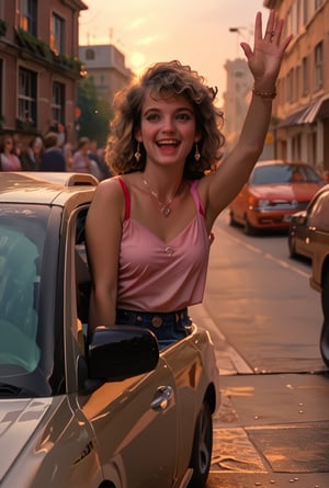 score_9, score_8_up, score_7_up, outcarwindow,  waving, motor vehicle, 1980sHorrorMovieStill, curly hair, blonde, earring, bracelet, necklace, pink shirt, crowd, outdoors, in a city, ground vehicle, in a car, out the car window, 