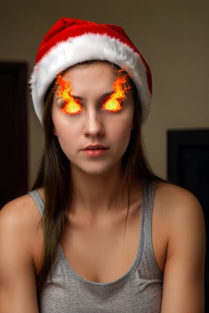 woman, burningeyes, christmas tree, santa hat, tank top, ,<lora:659095807385103906:1.0>