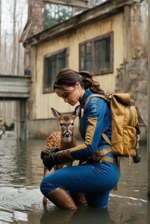 falloutcinematic, Lucy MacLean, vault dweller jumpsuit, kneeling, brown hair, backpack, jacket, gloves, solo, bag, faun, baby deer, animal, outdoors, flooded building exteriors, water, post apocalypse, , 1girl, realistic