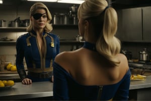 falloutcinematic, over shoulder shot, 1girl, solo focus, blonde hair woman, eyepatch, undressing, unzipped, vault dweller uniform, large breasts, in vault kitchen, indoors, facing viewer, 
