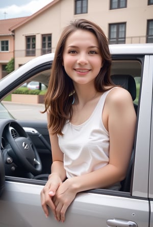 score_9, score_8_up, score_7_up, outcarwindow, woman out car window, car, gingham, smile, long hair, brown hair, motor vehicle, realistic, ground vehicle, looking at viewer, tank top, border, brown eyes, shirt, lips, beautiful face, 