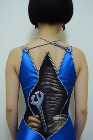 1girl, jewelry, earrings, black hair, solo, from behind, dress, short hair, realistic, zipper, blue dress, back, traditional media, wrench, bare shoulders, back hole, back zipper, 1man holding wrench in hole, 