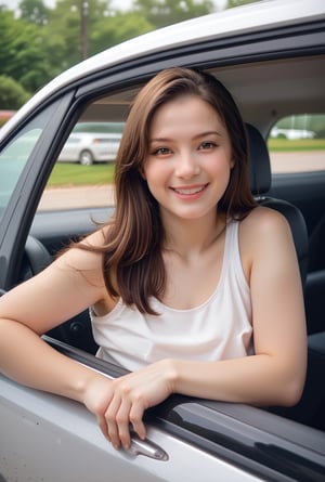 score_9, score_8_up, score_7_up, outcarwindow, woman out car window, car, gingham, smile, long hair, brown hair, motor vehicle, realistic, ground vehicle, looking at viewer, tank top, border, brown eyes, shirt, lips, beautiful face, 