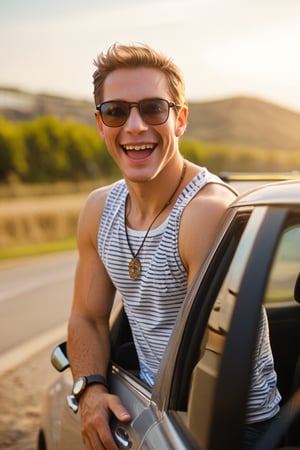 (masterpiece:1.4), dslr, source_real, score_9, score_8_up, outcarwindow, man out car window, 1boy, male focus, sunglasses, v, striped, facial hair, striped shirt, solo, ground vehicle, smile, tank top, jewelry, pants, necklace, shirt, blurry, blonde hair, denim, open mouth, outdoors, brown hair, teeth