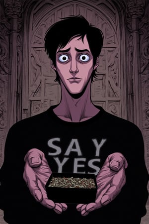 A Tim Burton illustration of a gothic man proposing to the viewer on one knee. He looks handsome and nervous and excited and has almost watering puppy dog eyes and an emo haircut. His shirt reads "SAY YES". He is looking at and facing the viewer. His foreshortened open hands and the black box it contains are the centerpiece of the photograph. The box is full of worms. He is in an old gothic castle. 