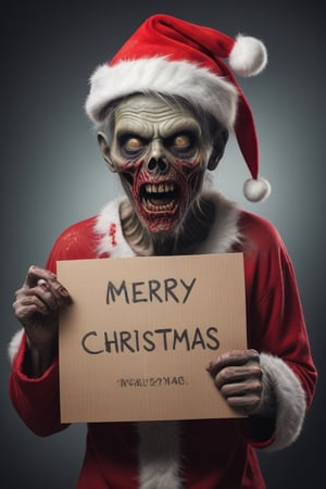 Raw photo of a zombie holding a sign with "Merry Christmas" text on it, realistic detailed photo, horrific, santa hat, ,<lora:659095807385103906:1.0>