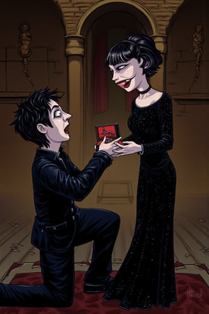 In an over the shoulder shot of a man kneeling on one knee proposing to an excited woman facing the viewer. A Tim Burton illustration of a gothic man proposing to a woman one knee m. He is holding a velvet box full of worms. The gothic woman with heavy goth makeup, blunt cut bangs, and dimples and a smile from ear to ear, is very excited to have this be happening, her entire upper body, both hands, and her expression,  screams the essence of the word YES. The gothic church background, and both characters, are both perfectly formed and highly detailed,  with perfect anatomy,  but are in the style of a claymation or illustration done by Tim Burton. 