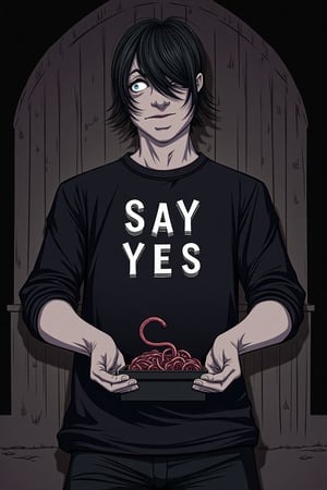 A Tim Burton illustration of a gothic man proposing to the viewer on one knee. He looks handsome and nervous and excited and has almost watering puppy dog eyes and an emo haircut. His shirt reads "SAY YES". He is looking at and facing the viewer. His foreshortened open hands and the black box it contains are the centerpiece of the photograph. The box is full of worms. He is in an old gothic castle. 