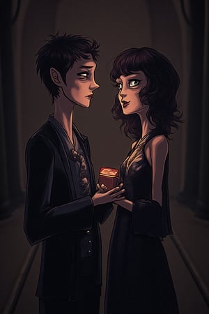 A Tim Burton illustration of a gothic man proposing to a woman one knee,  looking nervous yet excited, a slight blush creeps up under his eyeliner lined puppy dog about to water eyes. He is holding a velvet box full of worms. The gothic woman with heavy goth makeup, blunt cut bangs, and dimples and a smile from ear to ear, is jumping up and down excited to have this be happening, her entire body, both hands, and her expression,  screams the essence of the word YES. The gothic church background, and both characters, are both perfectly formed and highly detailed,  with perfect anatomy,  but are in the style of a claymation or illustration done by Tim Burton. 