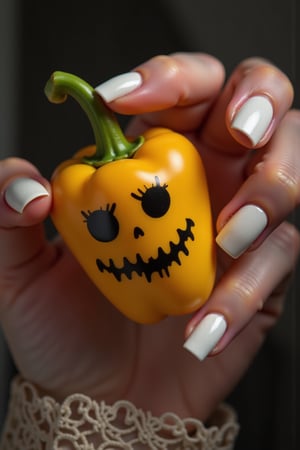 A closeup of a man's hand holding a bell pepper, white nails, nail art, Frankenstein nail art