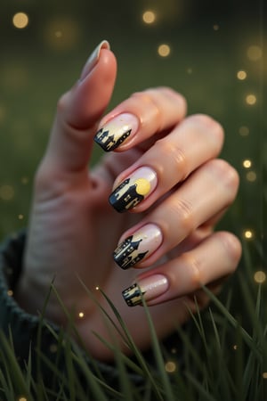 A closeup of a woman's hand, light brown nails, nail art, graveyard nail art, bokeh background, cinematic photograph, highly detailed nail art, each fingernail is painted in a graveyard theme, outdoors, tombstones, grass, 