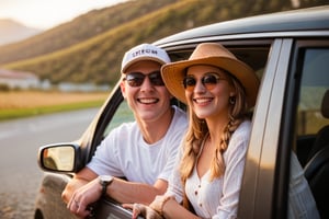 (masterpiece:1.4), dslr, source_real, score_9, score_8_up, outcarwindow, man and woman out car window, hat, 1girl, car, sunglasses, watch, ground vehicle, motor vehicle, outdoors, 1boy, shirt, braid, wristwatch, brown hair, jewelry, day, blonde hair, smile, photo background, blurry, meme, long hair, bracelet, ring, white shirt, driving