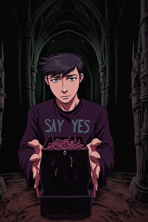 A Tim Burton illustration of a gothic man proposing to the viewer on one knee. He looks handsome and nervous and excited and has almost watering puppy dog eyes and an emo haircut. His shirt reads "SAY YES". He is looking at and facing the viewer. His foreshortened open hands and the black box it contains are the centerpiece of the photograph. The box is full of worms. He is in an old gothic castle. 