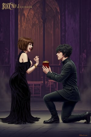 In an over the shoulder shot of a man kneeling on one knee proposing to an excited woman facing the viewer. A Tim Burton illustration of a gothic man proposing to a woman one knee m. He is holding a velvet box full of worms. The gothic woman with heavy goth makeup, blunt cut bangs, and dimples and a smile from ear to ear, is very excited to have this be happening, her entire upper body, both hands, and her expression,  screams the essence of the word YES. The gothic church background, and both characters, are both perfectly formed and highly detailed,  with perfect anatomy,  but are in the style of a claymation or illustration done by Tim Burton. 