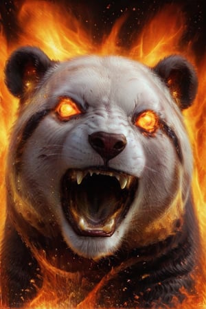 panda bear, teeth, fire, realistic, burningeyes, 