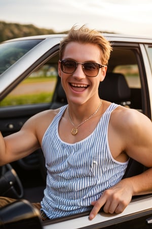 (masterpiece:1.4), dslr, source_real, score_9, score_8_up, outcarwindow, man out car window, 1boy, male focus, sunglasses, v, striped, striped shirt, solo, ground vehicle, smile, tank top, jewelry, pants, necklace, shirt, blurry, blonde hair, denim, open mouth, outdoors, brown hair, teeth