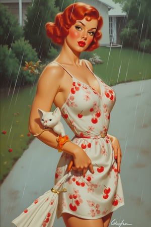 a pinup illustration of a redhead pinup model standing side on but looking at the camera with freckles on her face and a red strap white summer dress,holding her summer cherry print dress to check how rained on it has gotten, and soaking it in the process, the camera captures her look at the camera when she realizes how silly that is and has pursed lipstick lips, wide eyes, in her other hand and arm balances an umbrella that the wind has taken off to her side and is offering no covering, in the heavy driving visible rain, in the street in the suburbs, 