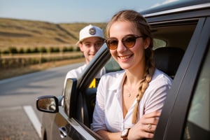 (masterpiece:1.4), dslr, source_real, score_9, score_8_up, outcarwindow, man and woman out car window, hat, 1girl, car, sunglasses, watch, ground vehicle, motor vehicle, outdoors, 1boy, shirt, braid, wristwatch, brown hair, jewelry, day, blonde hair, smile, photo background, blurry, meme, long hair, bracelet, ring, white shirt, driving