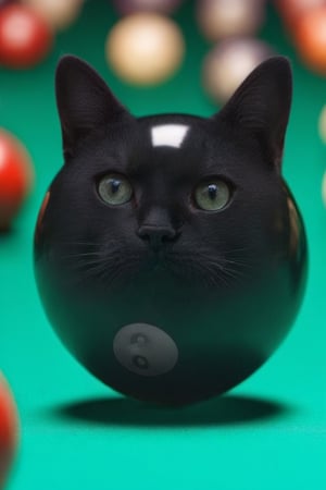 a black cat merged with an 8 ball, on bokeh pool table in neon bar background, 
