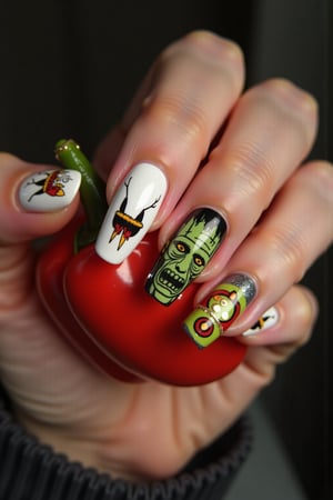 A closeup of a man's hand, short chipped nails, white nails, nail art, Frankenstein nail art