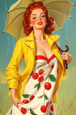 a pinup illustration of a redhead pinup model standing side on but looking at the camera with freckles on her face and a red strap white summer dress, in a yellow raincoat, holding her summer cherry print dress to check how rained on it has gotten, and soaking it in the process, the camera captures her look at the camera when she realizes how silly that is and has pursed lipstick lips, wide eyes, in her other hand and arm balances an umbrella that the wind has taken off to her side and is offering no covering, 