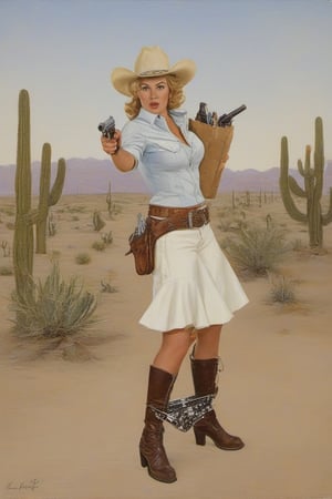 blonde woman, cowboy hat, western shirt, cleavage, white skirt, cowboy boots with spurs throwing sparks, dust devil, holster, holding pistol, shooting gun in air, tumbleweed, cactus, outdoors,  dusty trail, 1950s oil painting by Art Frahm, 