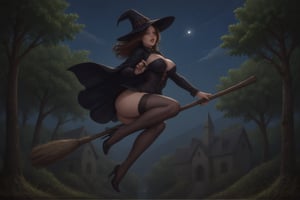 score_9, score_8_up, score_7_up, score_6_up female, thepose, hetero, 5men, 1woman, brunette woman, witch hat, riding broomstick, large breasts, underbust corset, black louboutin high heels with red soles, fishnet stockings, black skirt, holding broom, black nails, outdoors, flying through village, at night, starry sky,  ,<lora:659095807385103906:1.0>