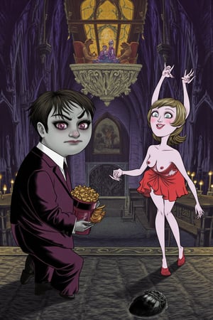 A Tim Burton illustration of a gothic man proposing to a woman one knee in the background,  looking nervous yet excited, a slight blush creeps up under his eyeliner lined puppy dog about to water eyes. He is holding a velvet box full of worms. The gothic woman with heavy goth makeup, blunt cut bangs, and dimples and a smile from ear to ear, is jumping up and down excited to have this be happening in the foreground, her entire upper body, both hands, and her expression,  screams the essence of the word YES. The gothic church background, and both characters, are both perfectly formed and highly detailed,  with perfect anatomy,  but are in the style of a claymation or illustration done by Tim Burton. Both figures are looking at and facing the viewer.