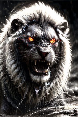 a real photo postcard of: (best quality, high res), ultra-detailed, realistic, portrait, soft light, sharp focus, masterpiece:1.2, black_lion with glowing red eyes, dripping wet black mud, dark fierce expression, weathered face, long beard, ferocious gaze, sinister grin, battle scars, strength and power, dominance, authority, proud, mythical, ancient, legendary, luxurious fur trim, deep shadows, intense eyes, harsh environment, menacing atmosphere, full_body, burning eyes, 
