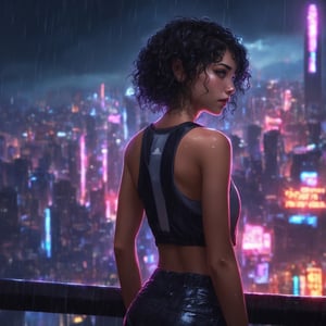 (A girl with short curly black hair, wearing a sports vest and shorts, with a metal spine, occupies 50% of the picture), standing top of building, night city, neon light, buildings, beautiful view, raining, water drops,arcane