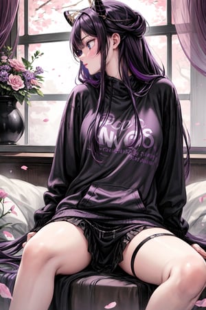 Purple Eyes Purple hair with black streaks in hair in a room full of beautiful flowers and wearing a long black Hoodie beautiful girl with long hair sparkling eyes has black horns on her head she has in the morning beaming sitting image direction