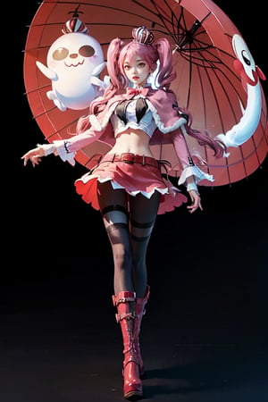 perona, 1girl, red capelet, pink bowtie, full body, floating, crop top, midriff, (thick eyelid) , ((deep black iris)) , red skirt, (pink refined umbrella) , belt, large breasts, twin drills, drill hair, long hair, pink military boots , twintails, smug, ((circular eyes, wide eyes, black eyes)), (white and black striped pantyhose) , (old castle background) ,  surrounded by ghosts ,  (masterpiece) , high res, best quality , refined lighting 
